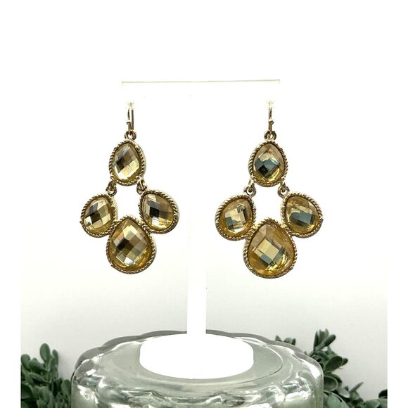 Gold-Toned Dangle Earrings With Faceted Yellow Resin Gemstones - Picture 3 of 5